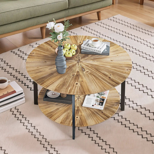 Round coffee table with wood top and black metal legs, storage shelf on Tampa Home & Garden Store