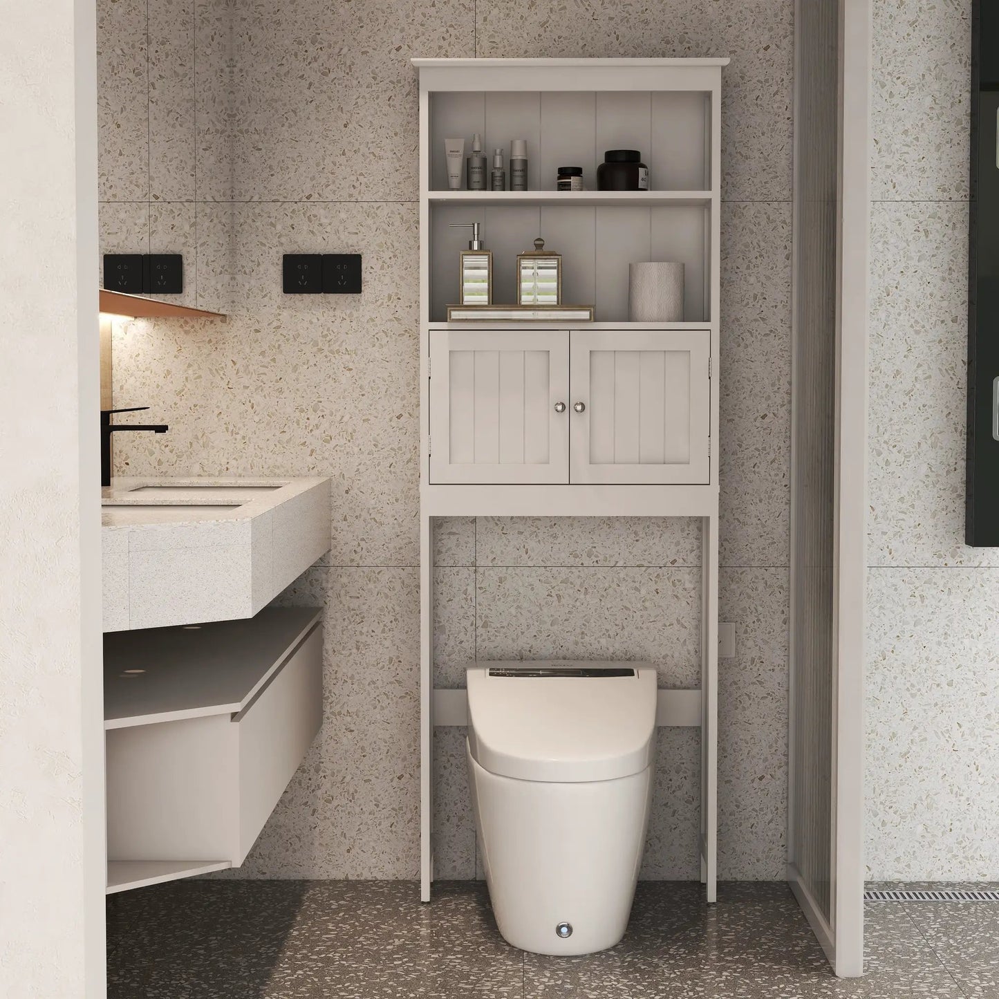 Over the Toilet Rack 2-Tier Spacesaver Shelf white with toiletries on top and doors below on Tampa Home & Garden Store