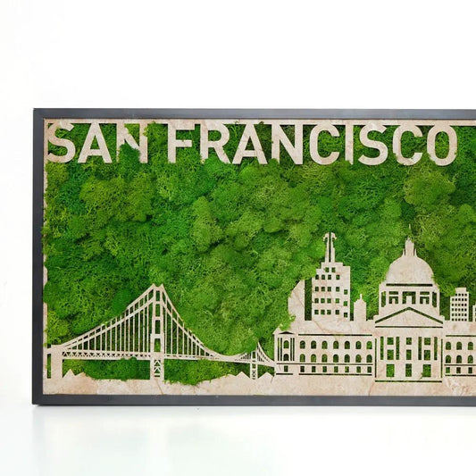 San Francisco Moss City Silhouette Metal Wall Art with green moss background and beige skyline on Tampa Home & Garden Store