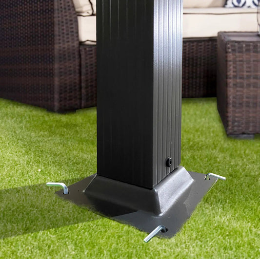 10x10 ft outdoor retractable pergola canopy with black ribbed post and gray base on lawn on Tampa Home & Garden Store