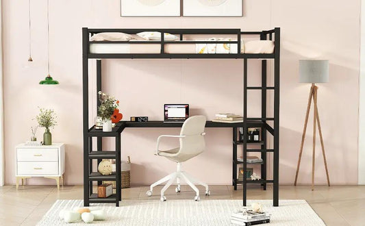 Full Metal Loft Bed With Desk and Shelves in black metal frame with integrated desk on Tampa Home & Garden Store
