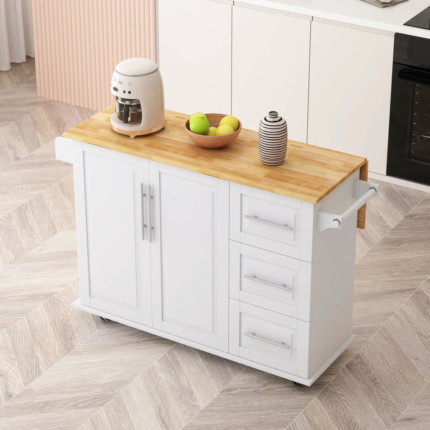 Kitchen Island Cart white MDF with wood top, 2 doors and 3 drawers on wheels on Tampa Home & Garden Store