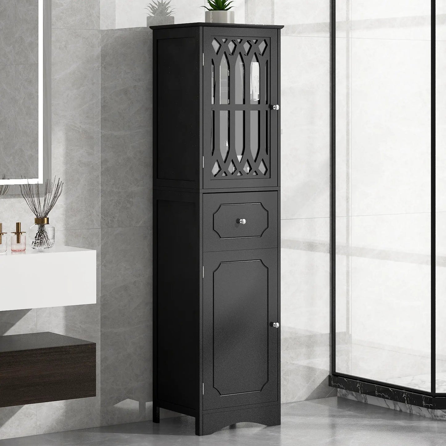 Tall black wood bathroom cabinet with decorative lattice door and two drawers on Tampa Home & Garden Store