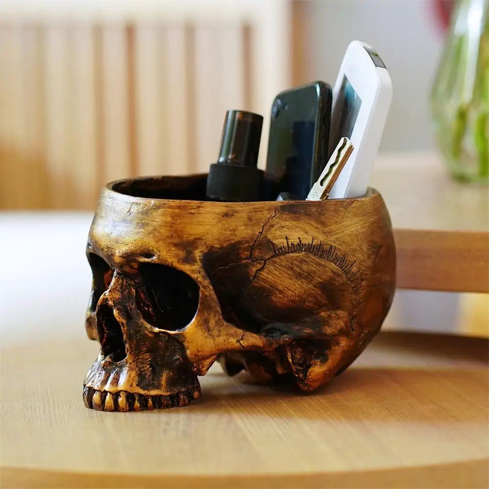 Bronze Skeleton Flower Pot Candy Storage Plate skull planter holds phone, keys, spray bottle on Tampa Home & Garden Store