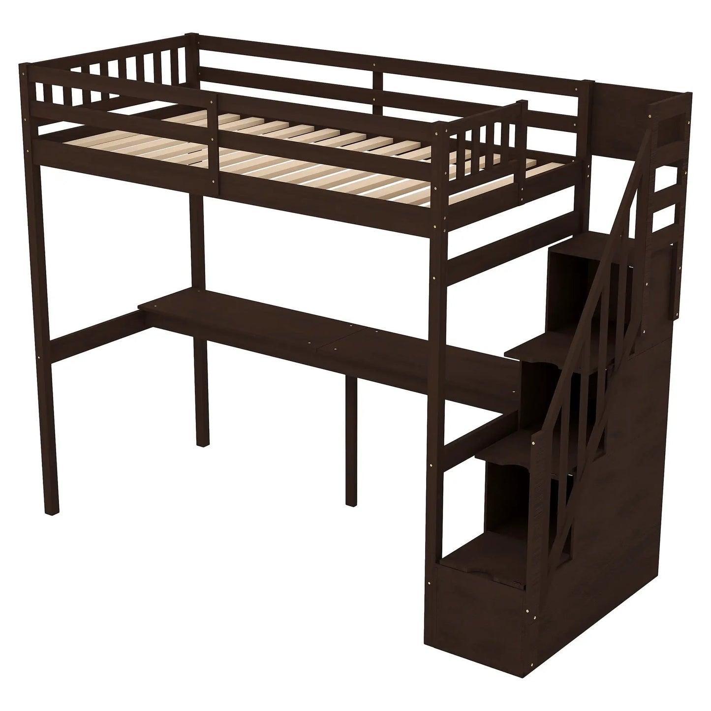 Espresso twin loft bed with desk and underbed storage, wooden frame with stairs on Tampa Home & Garden Store