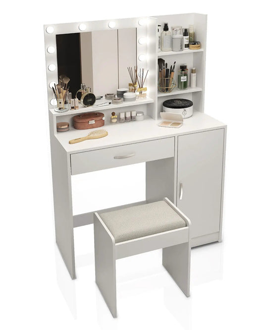White vanity desk with illuminated mirror and three-level drawers on Tampa Home & Garden Store