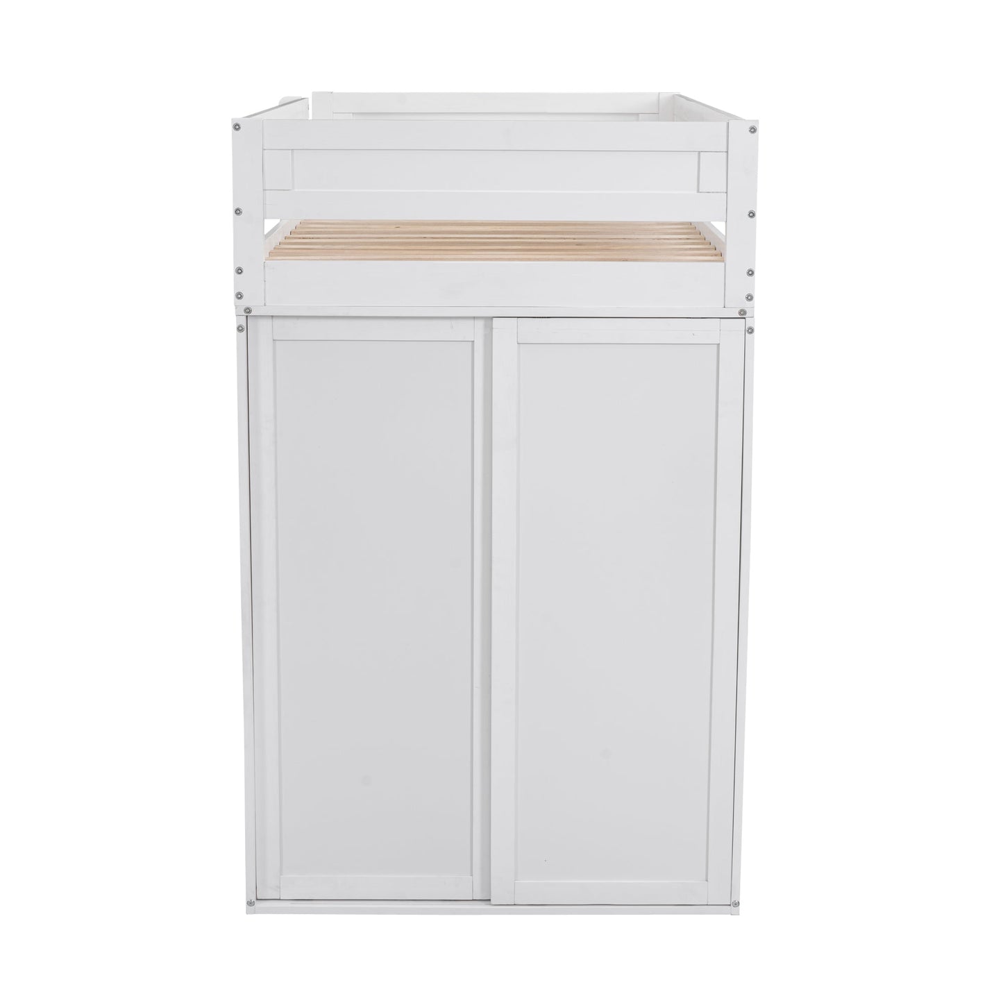 Wood Twin Size Loft Bed with Wardrobes and 2-Drawer Desk with Cabinet White