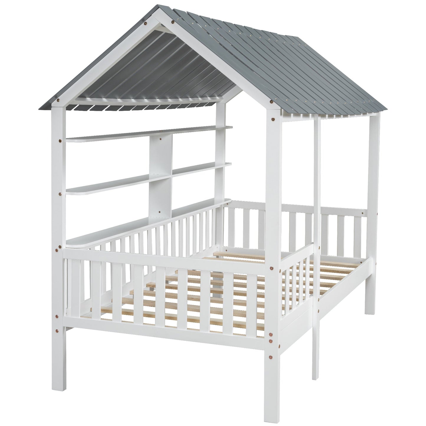 Cama infantil con forma de casita de madera, tamaño individual, con techo, barandilla y estantes, color blanco