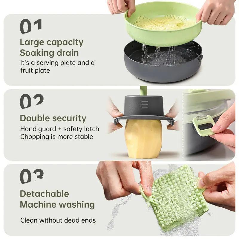 Multifunctional Vegetable Cutter and Shredder green with soaking drain and safety latch on Tampa Home & Garden Store