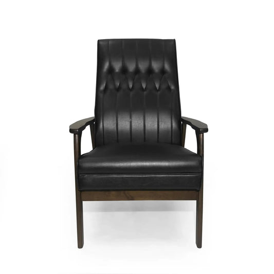 Mid Century Modern Upholstered Chair matte black leather with tufted back and wood legs on Tampa Home & Garden Store