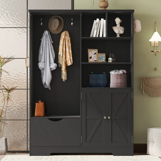 Hall Tree with Storage Shelves and Cabinet Black by VIP Digital Presence with coat hooks on Tampa Home & Garden Store