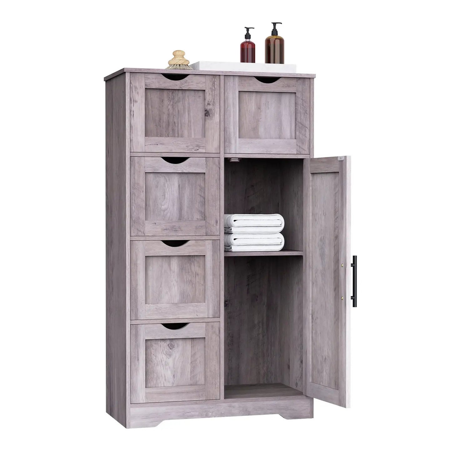 Grey wooden bathroom storage cabinet with 5 drawers, grey finish, open lower shelf with towels on Tampa Home & Garden Store