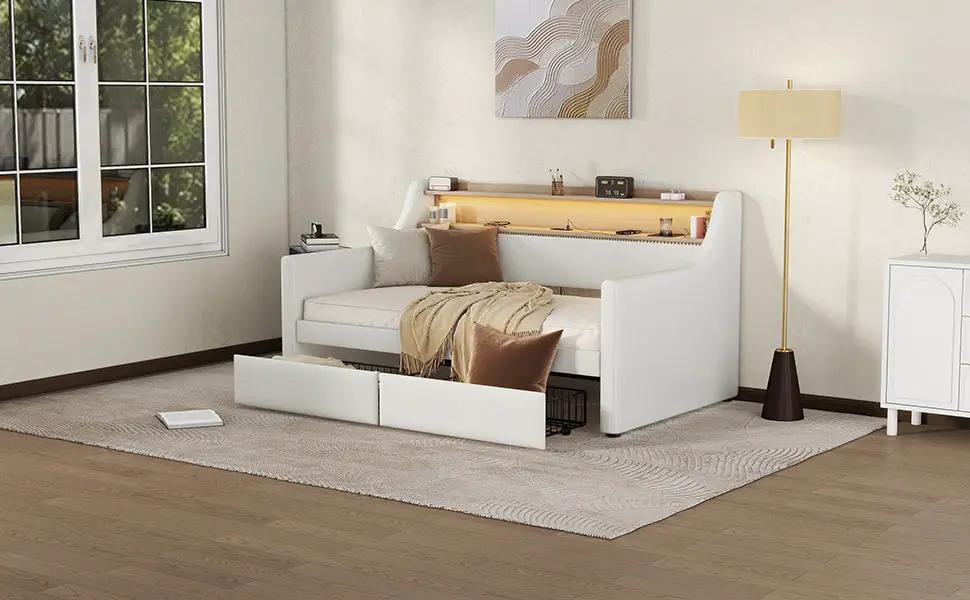 Twin size white PU leather daybed with 2 drawers and LED lights on Tampa Home & Garden Store