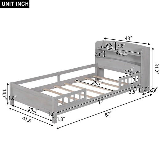 Wood twin platform bed with LED light and storage, gray finish on Tampa Home & Garden Store