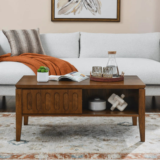 Medieval Modern coffee table with storage in warm wood fluted design VIP Digital Presence on Tampa Home & Garden Store