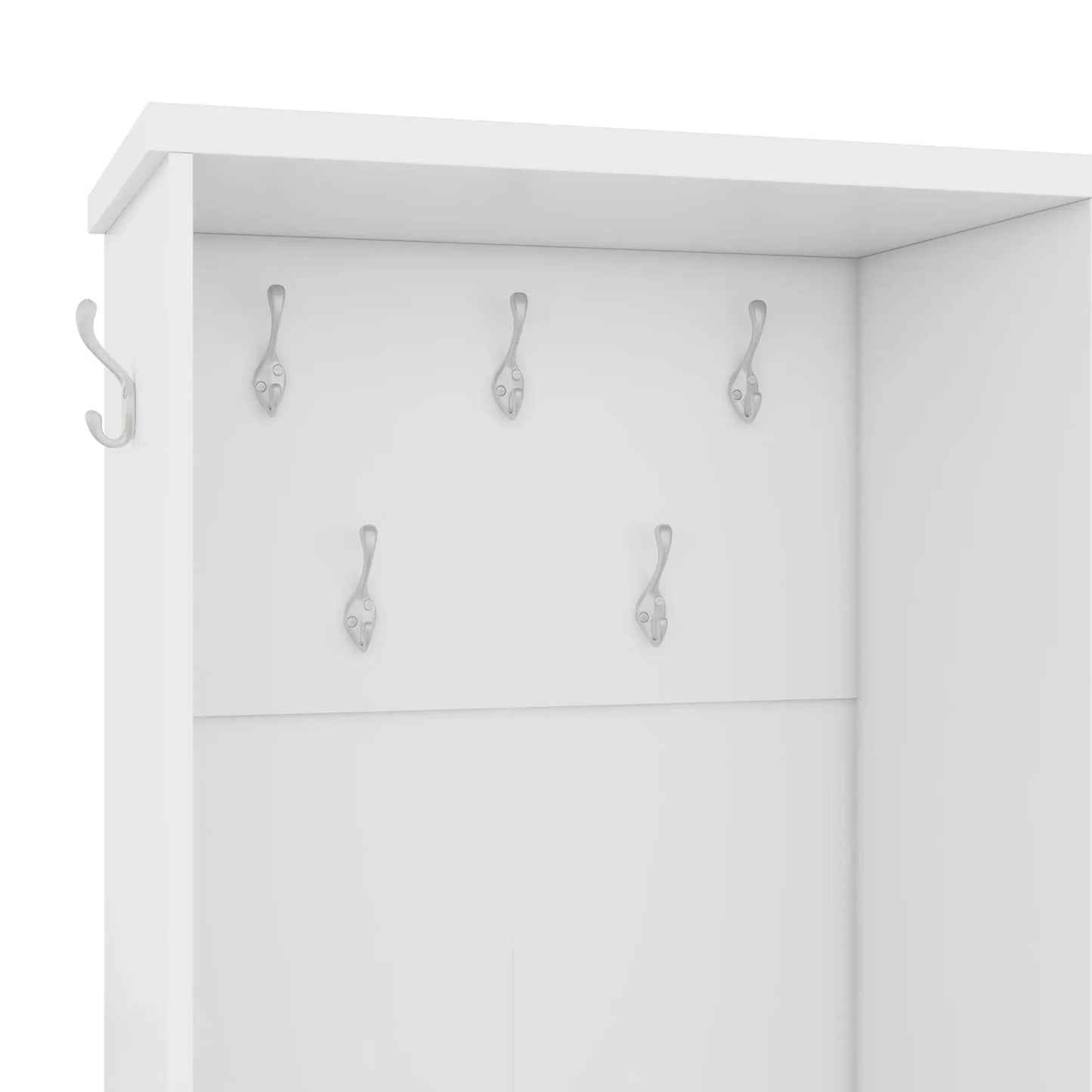 Hall Tree with Storage Shelves and Bench white with multiple silver hooks on Tampa Home & Garden Store