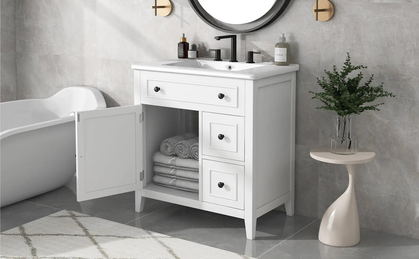 30 Inch white bathroom vanity with sink top and drawers, black hardware on Tampa Home & Garden Store