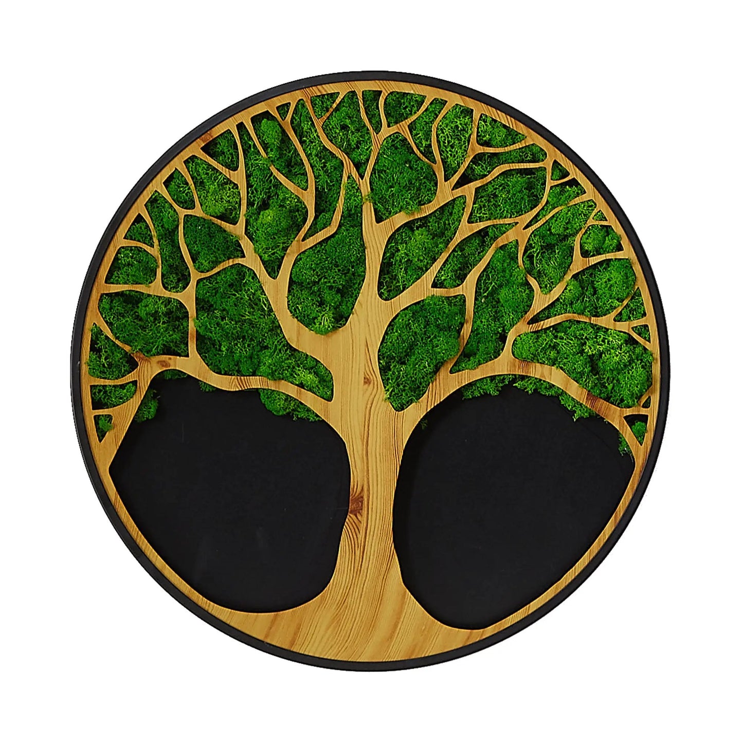 Life Tree Moss Iron Wall Art round piece with natural wood tree and green moss in black frame on Tampa Home & Garden Store