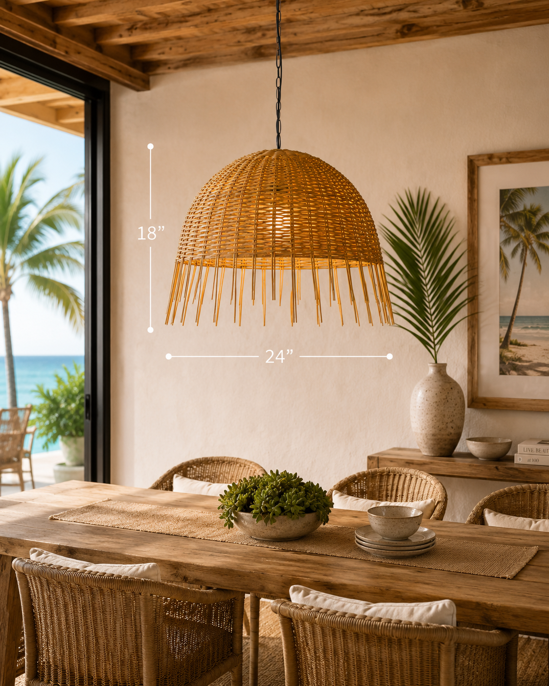 Canggu chandelier natural rattan dome, 18in height, 24in width, The Broward Design Center on Tampa Home & Garden Store