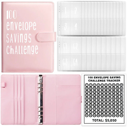 Pink leather budget savings notebook for couples with a 100 envelope savings challenge tracker on Tampa Home & Garden Store