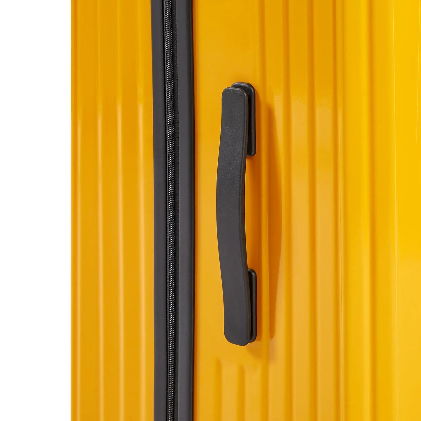 Yellow PC-ABS hard-shell luggage with black zipper and handle, close-up detail on Tampa Home & Garden Store