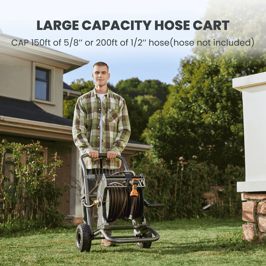 Garden Hose Reel Cart stainless steel heavy-duty manual crank, 2 wheels with coiled hose on Tampa Home & Garden Store