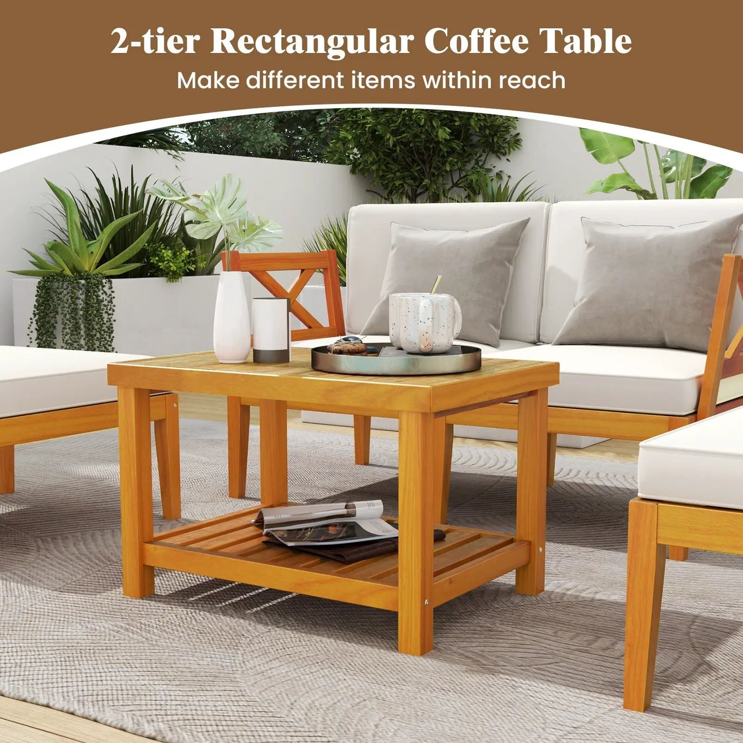 Acacia wood patio chaise lounge set with ottoman cushions in white, furniture near coffee table on Tampa Home & Garden Store
