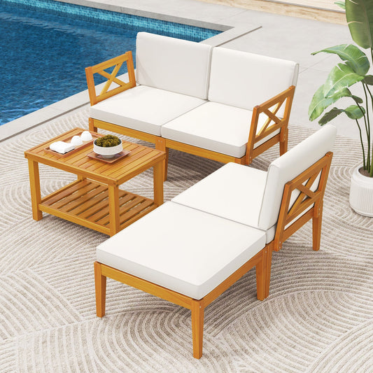 5 Pieces Acacia Wood Patio Furniture Set with 2-Tier Coffee Table and Cushions-White - Tampa Home & Garden Store
