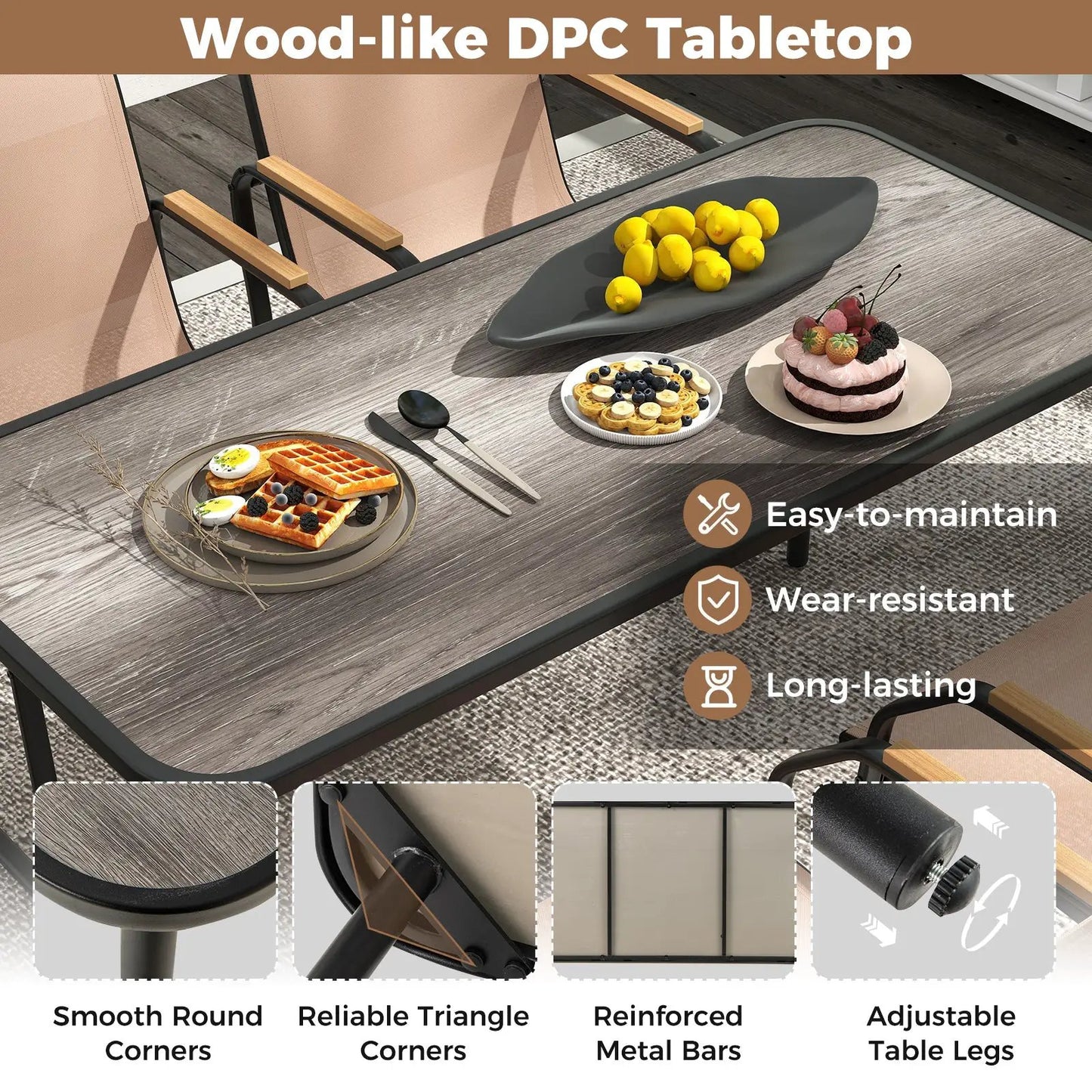 Brown 5-piece patio dining set with rectangular wood-like table and fabric chairs on Tampa Home & Garden Store