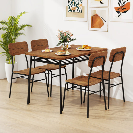 Juego de mesa de 5 piezas para 4 con estructura de metal y estante de almacenamiento-Marrón