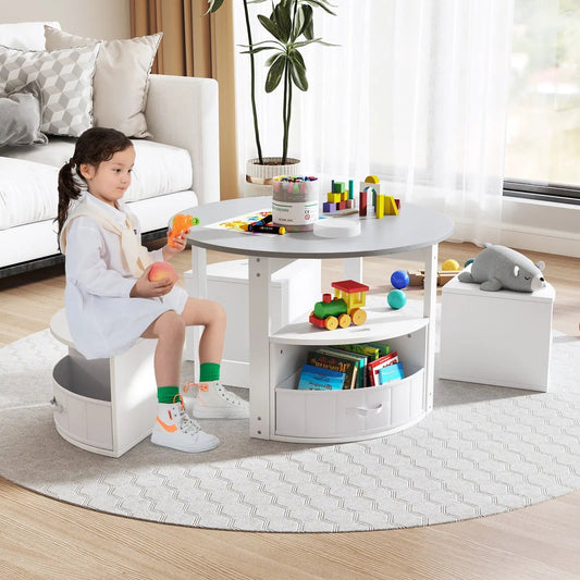 5-piece white toddler round nesting table set with storage and shelves in a playroom on Tampa Home & Garden Store