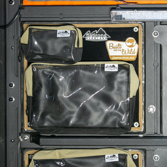 RiPouch Velcro Bag Full 8x12 in tan trim with black mesh, Flatirons Overland patch on Tampa Home & Garden Store