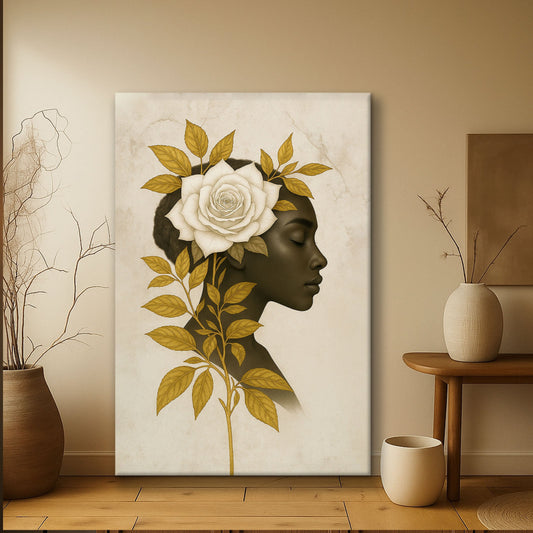 Floral Majesty Wall Art II canvas by Tailored Canvases: dark head with white rose and gold leaves on Tampa Home & Garden Store