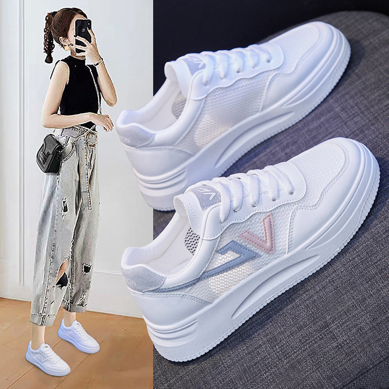 White platform sneakers Stevvex with PU leather and mesh, lace-up women's walking shoes on Tampa Home & Garden Store