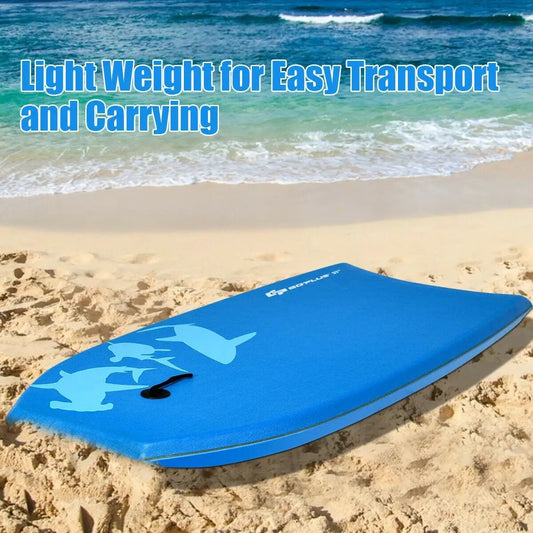 Blue DirectDeals bodyboard with EPS core on sandy beach by the ocean on Tampa Home & Garden Store