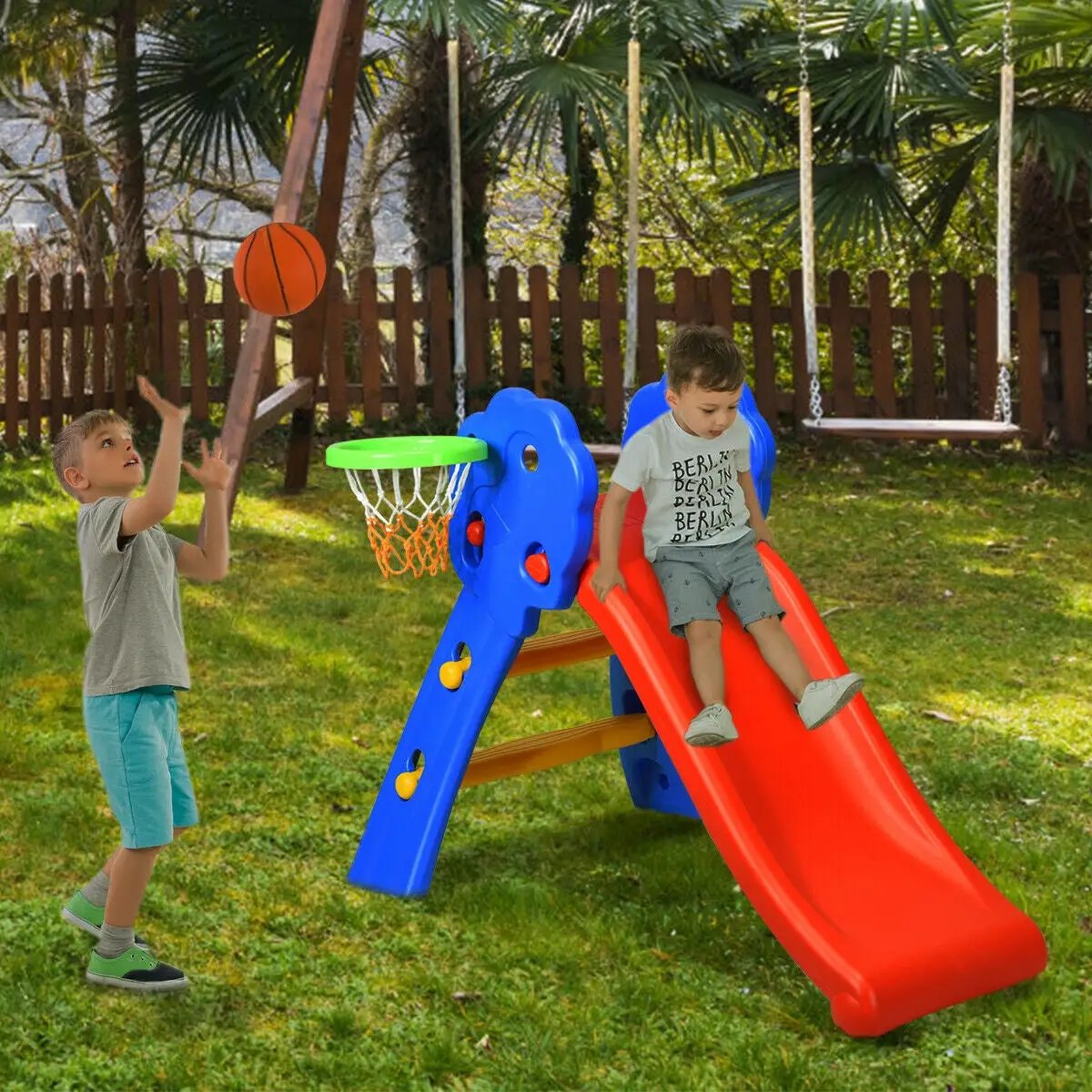 2 Step Indoors Kids Plastic Folding Slide with Basketball Hoop - Tampa Home & Garden Store