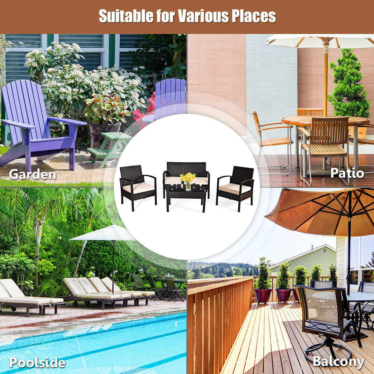 4 piece patio rattan set with loveseat and sofas in black wicker coffee table included on Tampa Home & Garden Store