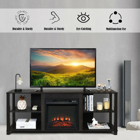 Two-Tier TV Storage Cabinet with Adjustable Shelves in dark wood and electric fireplace on Tampa Home & Garden Store