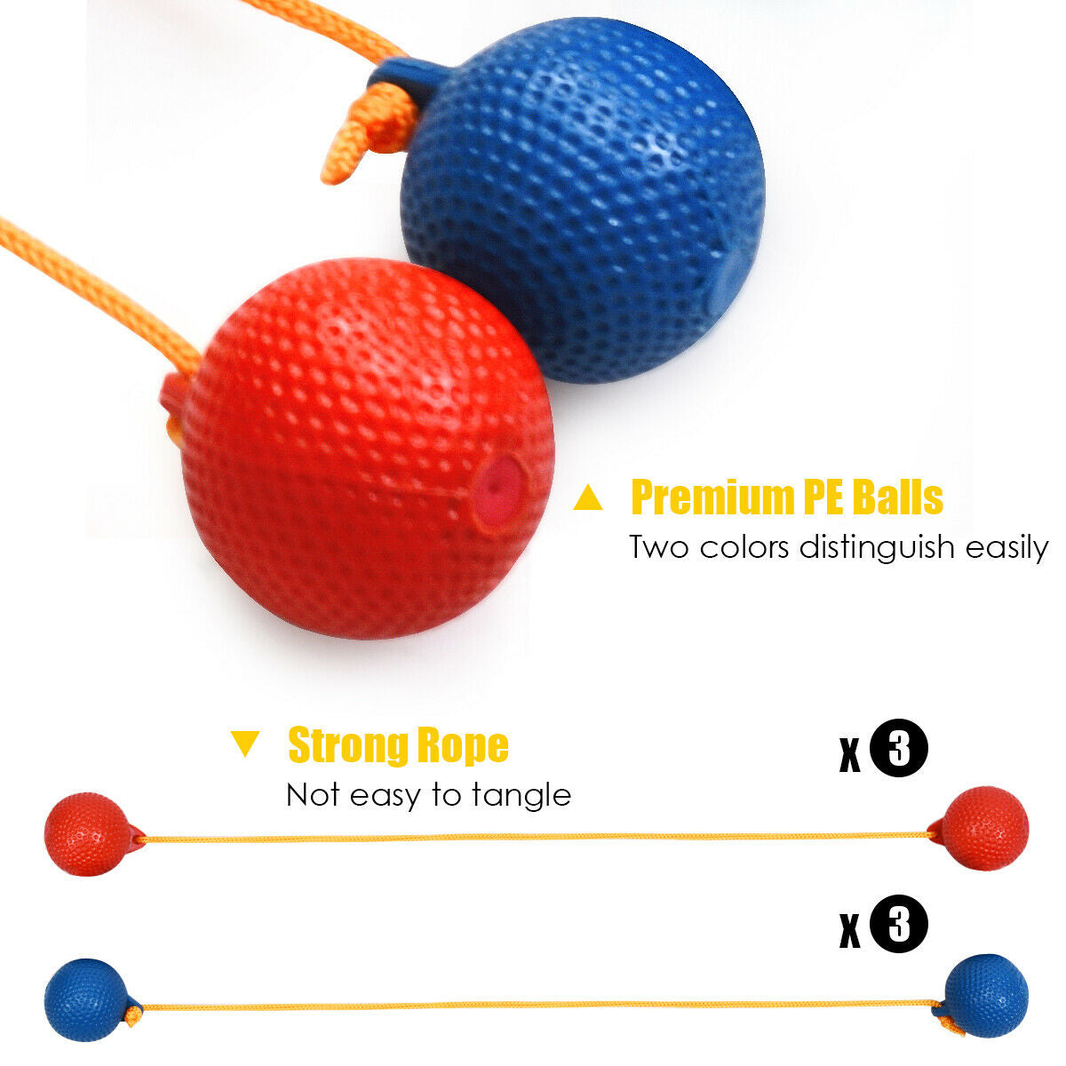 Ladder Ball Toss Game Bolas with red and blue premium PE balls on strong orange rope; includes 3 red and 3 blue bolas on Tampa Home & Garden Store