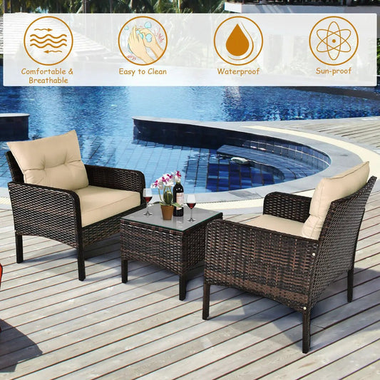3 Pieces Outdoor Patio Rattan Conversation Set with Seat Cushions-Beige - Tampa Home & Garden Store