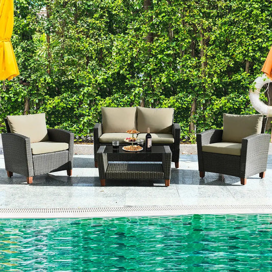 DirectDeals 4-Piece Patio Rattan Set with Cushions dark brown wicker, beige cushions on Tampa Home & Garden Store