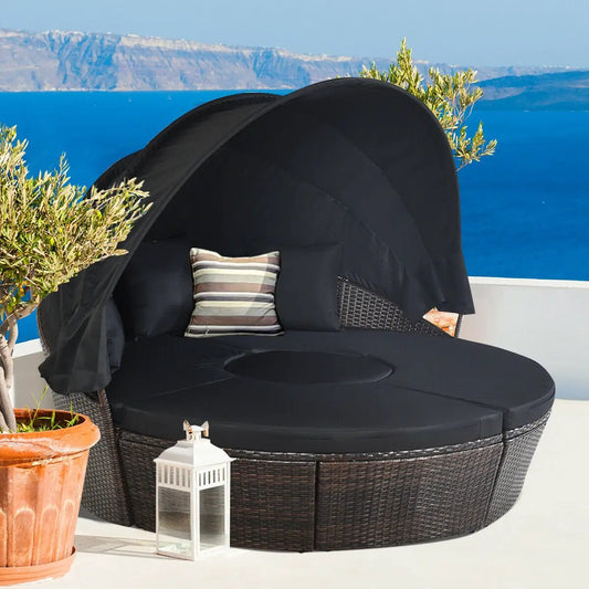 Patio Round Daybed Rattan Canopy with black cushions and wicker base DirectDeals on Tampa Home & Garden Store