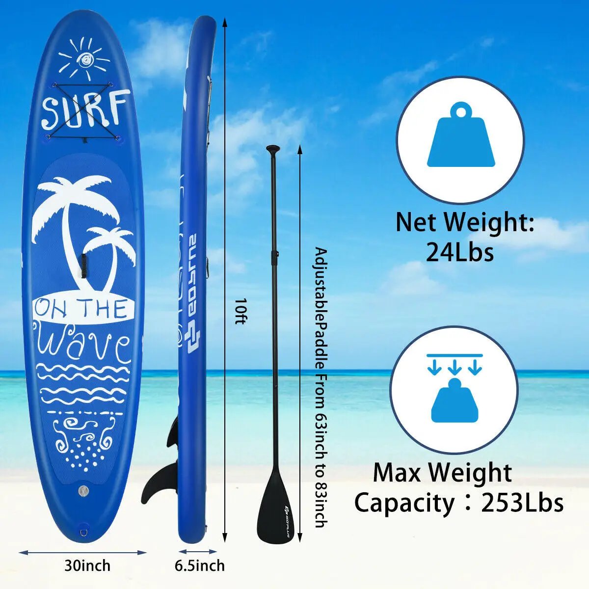 Inflatable stand up paddle board blue with palm graphic, 30in wide, adjustable paddle on Tampa Home & Garden Store