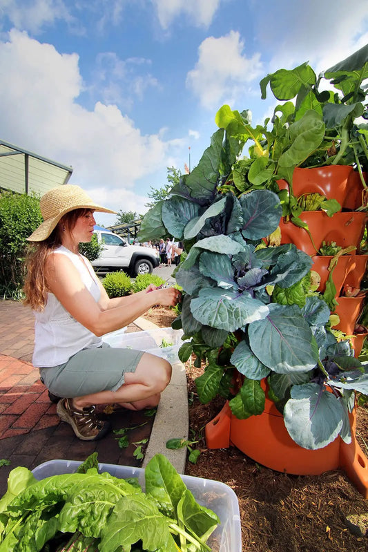 Garden Tower 2 Composting Vertical Garden Planter with orange stackable pots and kale leaves on Tampa Home & Garden Store