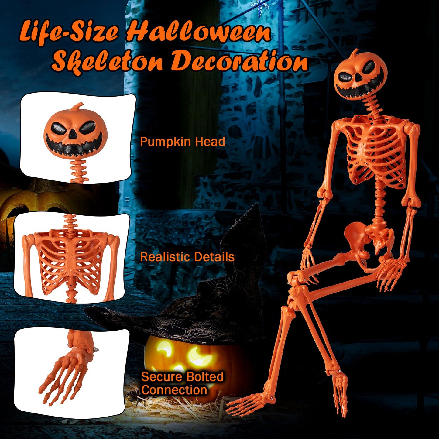 5.2 ft orange life-size poseable Halloween skeleton with pumpkin head and movable joints DirectDeals on Tampa Home & Garden Store