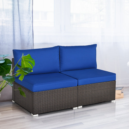 2 Pieces Patio Rattan Armless Sofa Set with 2 Cushions and 2 Pillows-Navy - Tampa Home & Garden Store