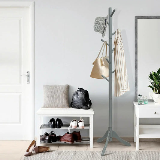 Adjustable gray wooden tree coat rack with 8 hooks, DirectDeals brand, hat and bag hanging on Tampa Home & Garden Store