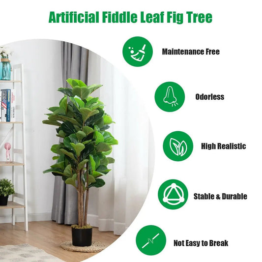 Artificial Fiddle Leaf Fig Tree in Planter, 4 ft tall with lush green foliage in a black planter DirectDeals on Tampa Home & Garden Store