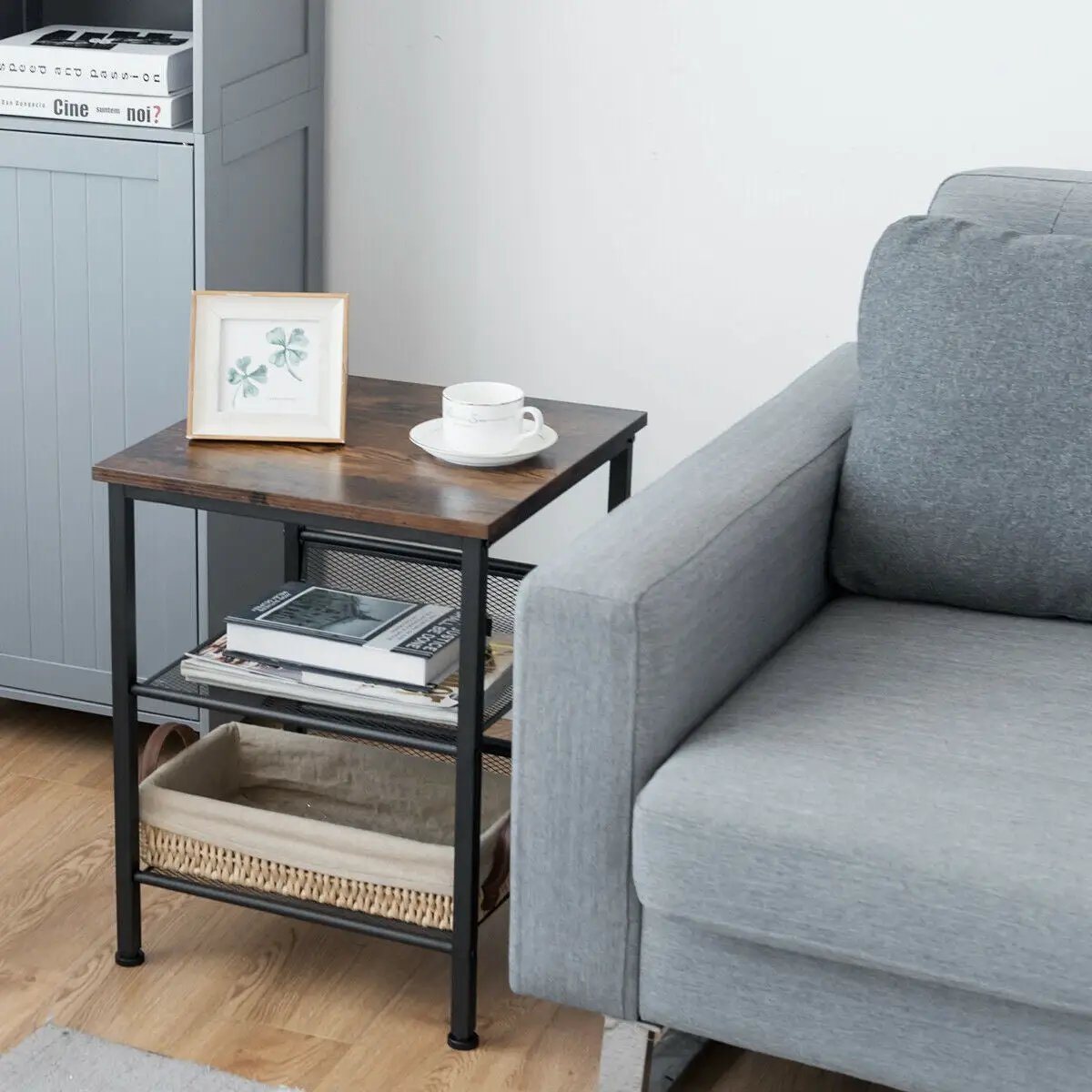 3-Tier industrial end table with wood top and black metal frame and mesh shelves on Tampa Home & Garden Store