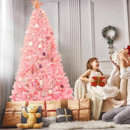 7.5 Feet Hinged Cherry Blossom Pink Tree with pink ornaments and star topper on Tampa Home & Garden Store